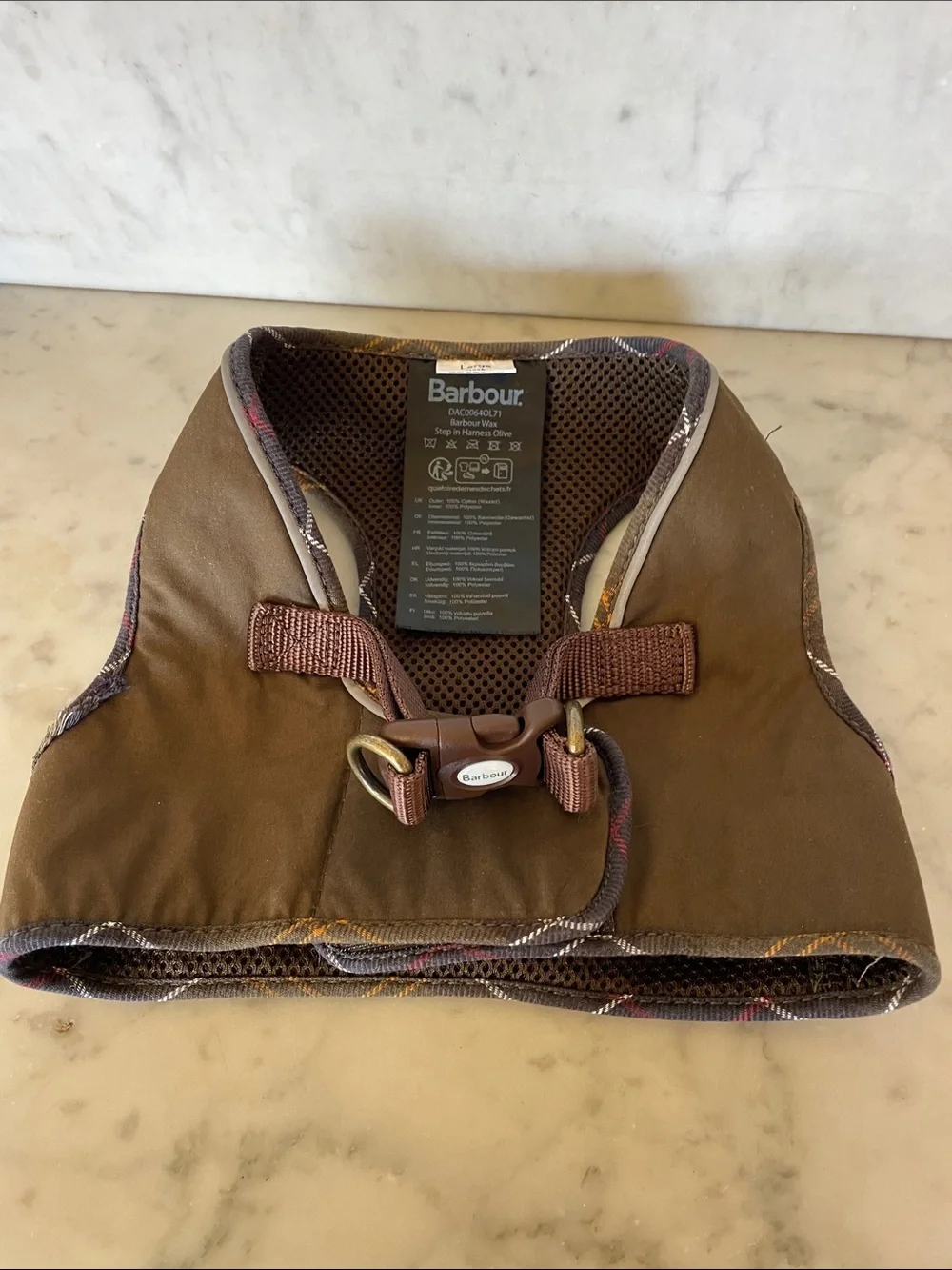 BARBOUR England Olive and Brown Dog Wax Step In Harness with Plaid Trim Large